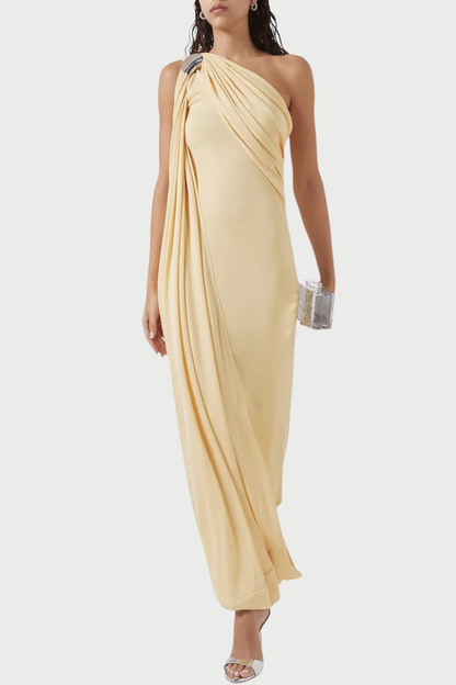 Tobala One Shoulder Asymmetrical Draped Maxi Dress - Yellow
