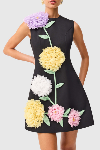 Trevia Floral Appliqué Sleeveless Mini Dress - Black