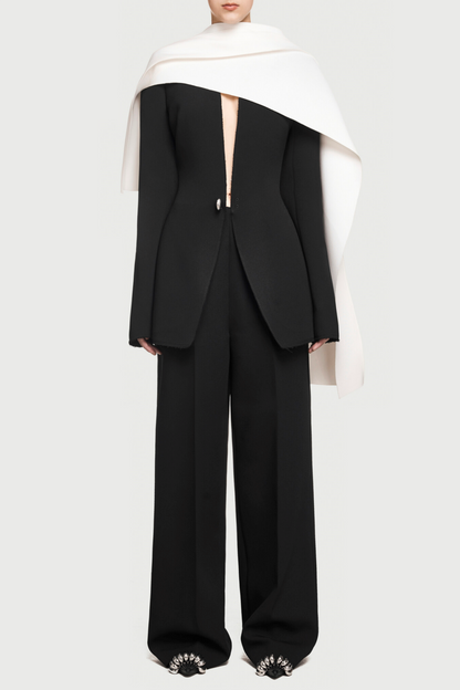 Tyanne Asymmetrical Shoulder Pleat Blazer Two Piece Set - Black