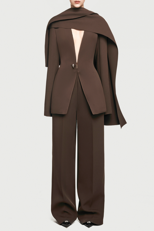 Tyanne Asymmetrical Shoulder Pleat Blazer Two Piece Set - Brown