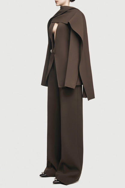 Tyanne Asymmetrical Shoulder Pleat Blazer Two Piece Set - Brown