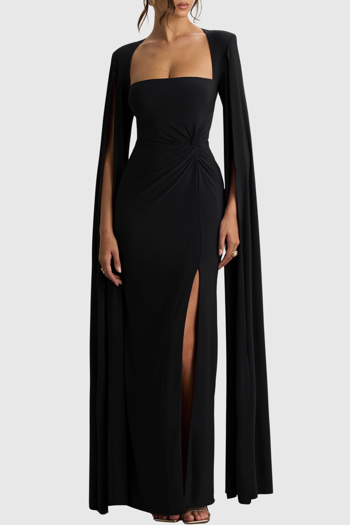 Vallea Cape Sleeves Split Maxi Dress - Black