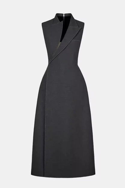 Vequa Asymmetric Collar Sleeveless Midi Dress - Grey