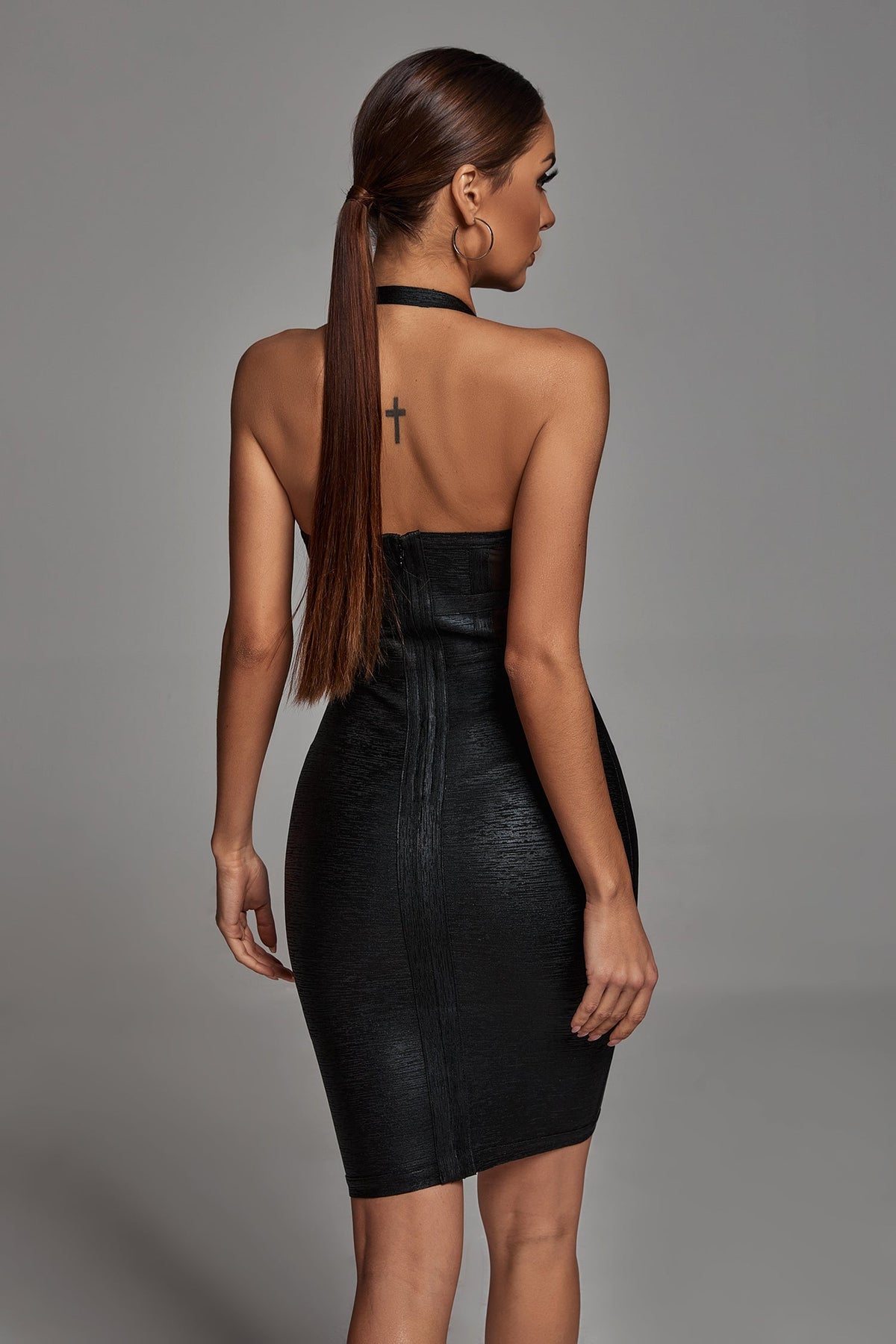 Nora Black Metallic Halter Mini Bandage Dress