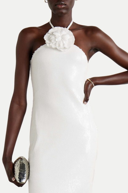 Vidonia Halter Floral Sequin Maxi Dress - White