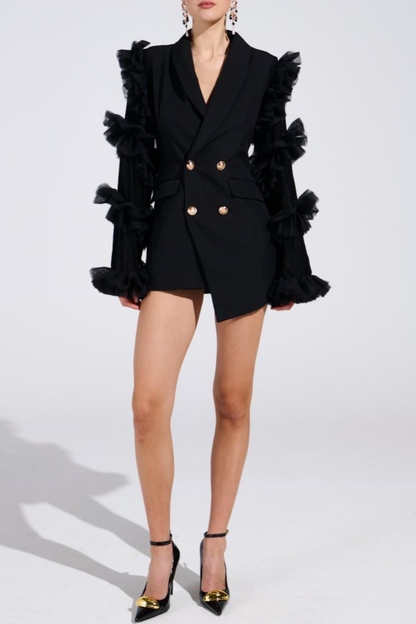 Viha Ruffle Sleeve Blazer Mini Dress - Black
