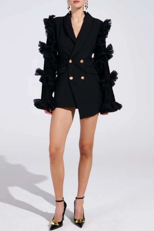 Viha Ruffle Sleeve Blazer Mini Dress - Black