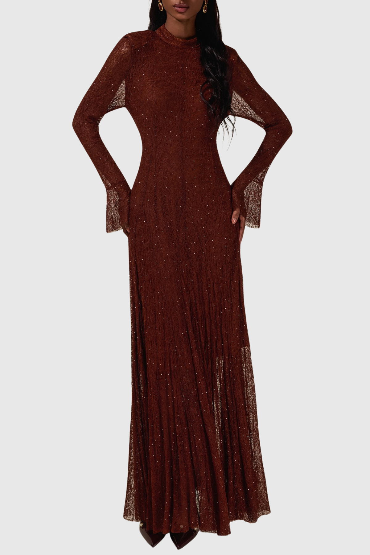 Yamila Lace Crystal Embellished Maxi Dress - Brown