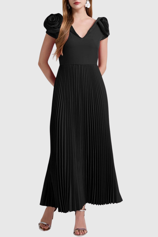 Yarra Rose Pleated Midi Dress - Black