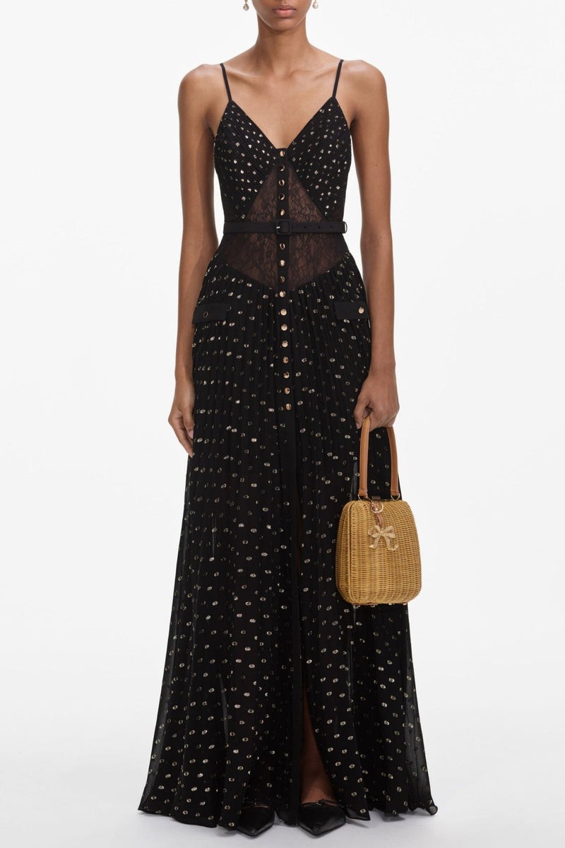 Yulaia Lace Dot Belted Pleated Maxi Dress