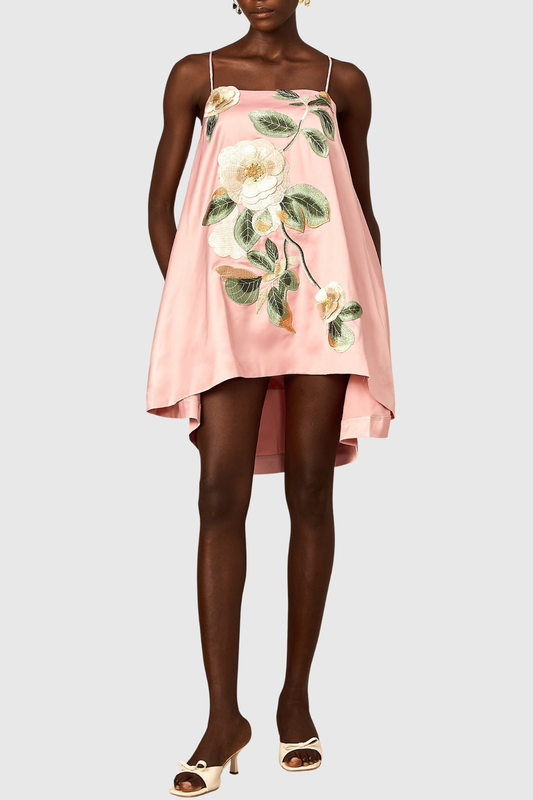 Zaniah Floral Embroidered Satin Mini Dress - Pink