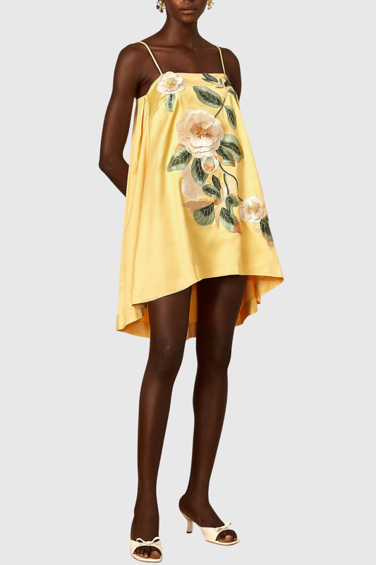 Zaniah Floral Embroidered Satin Mini Dress - Yellow