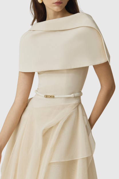 Zeke Asymmetrical Shawl Tulle Ruffle Midi Dress