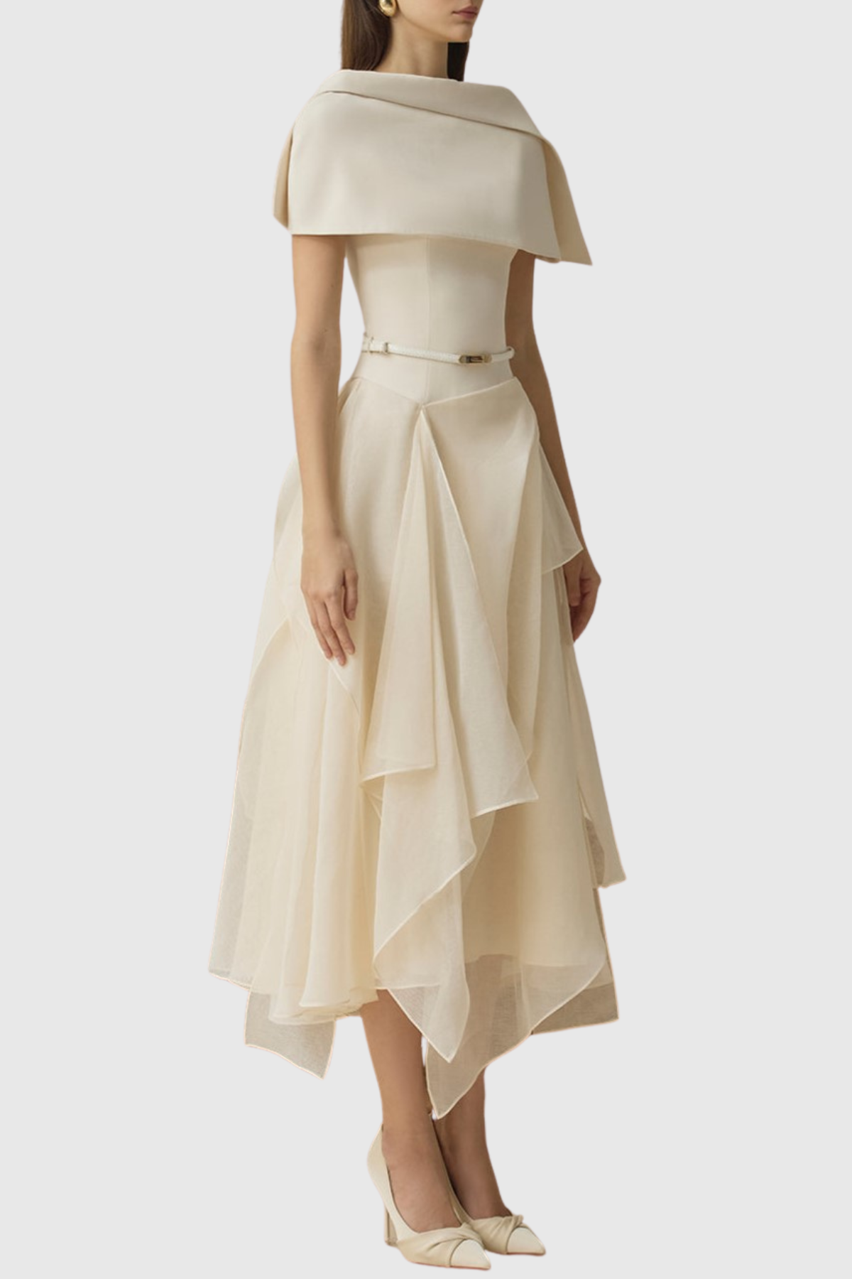 Zeke Asymmetrical Shawl Tulle Ruffle Midi Dress