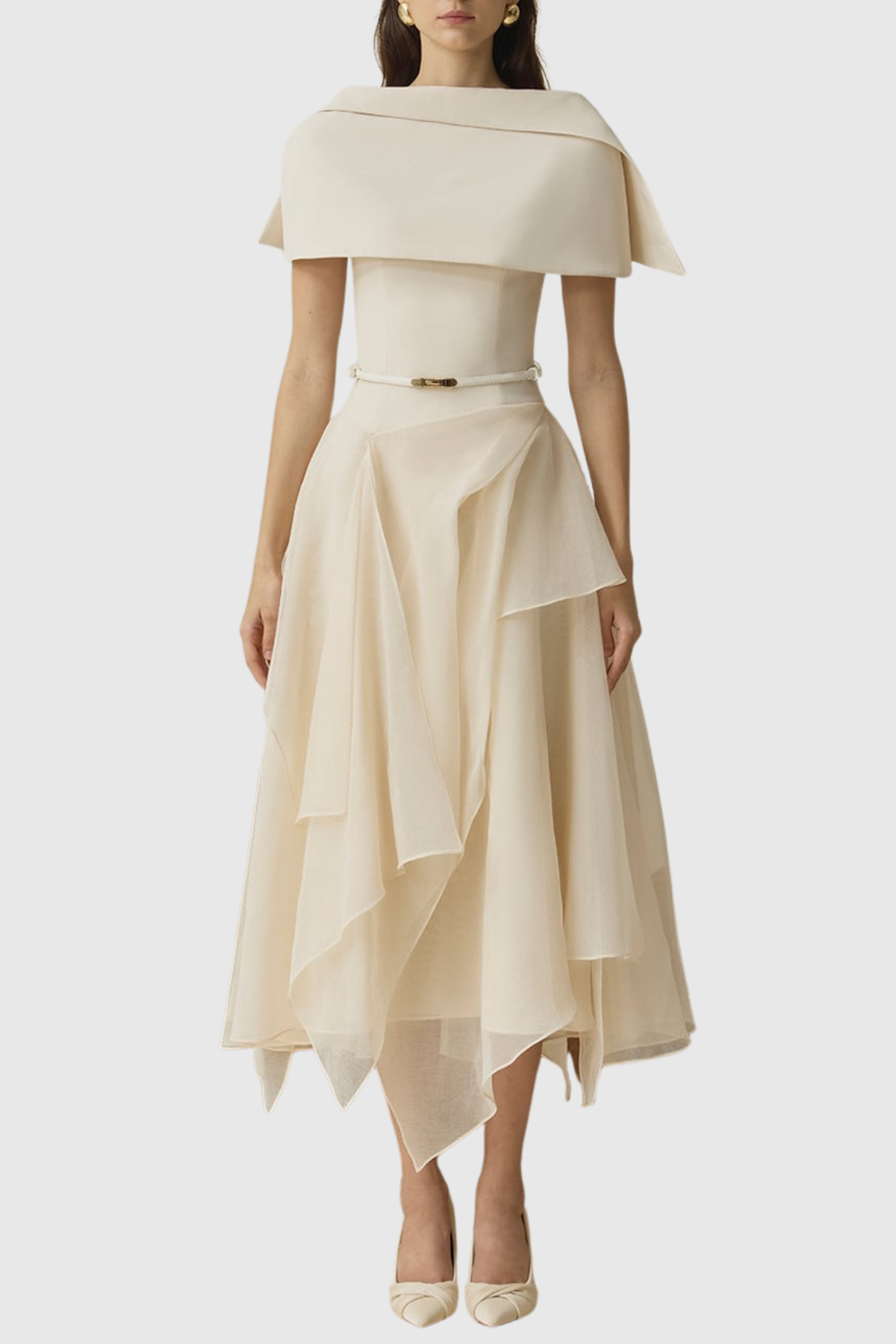 Zeke Asymmetrical Shawl Tulle Ruffle Midi Dress