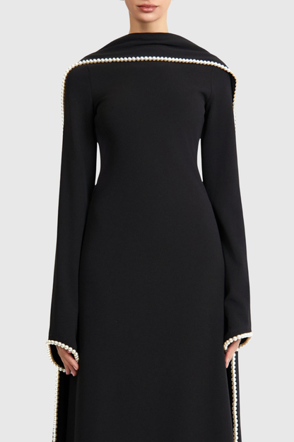 Zisel Pearl Trim Shawl Maxi Dress - Black