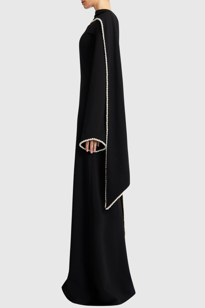 Zisel Pearl Trim Shawl Maxi Dress - Black