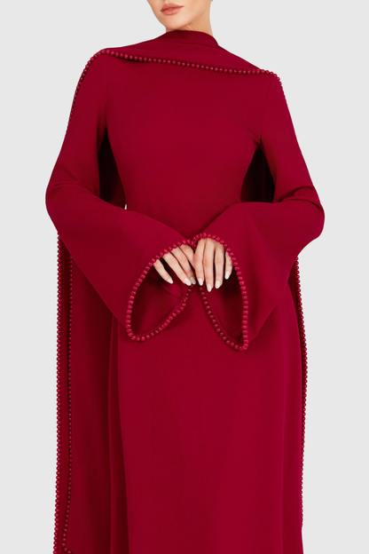 Zisel Pearl Trim Shawl Maxi Dress - Red