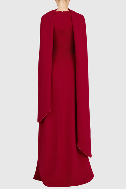 Zisel Pearl Trim Shawl Maxi Dress - Red
