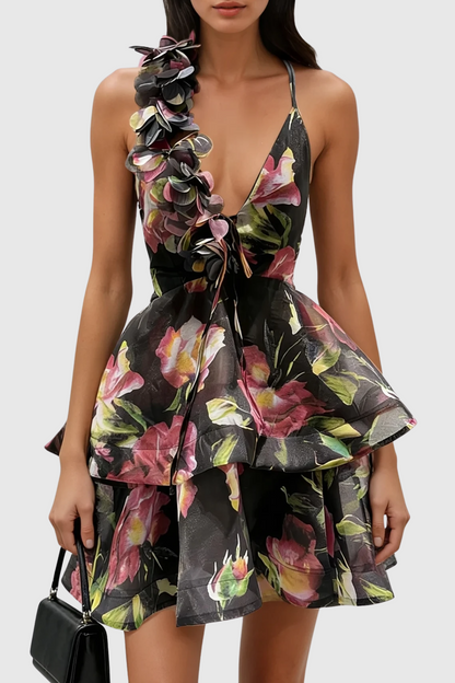 Pera Floral Appliqué Ruffle Mini Dress - Black