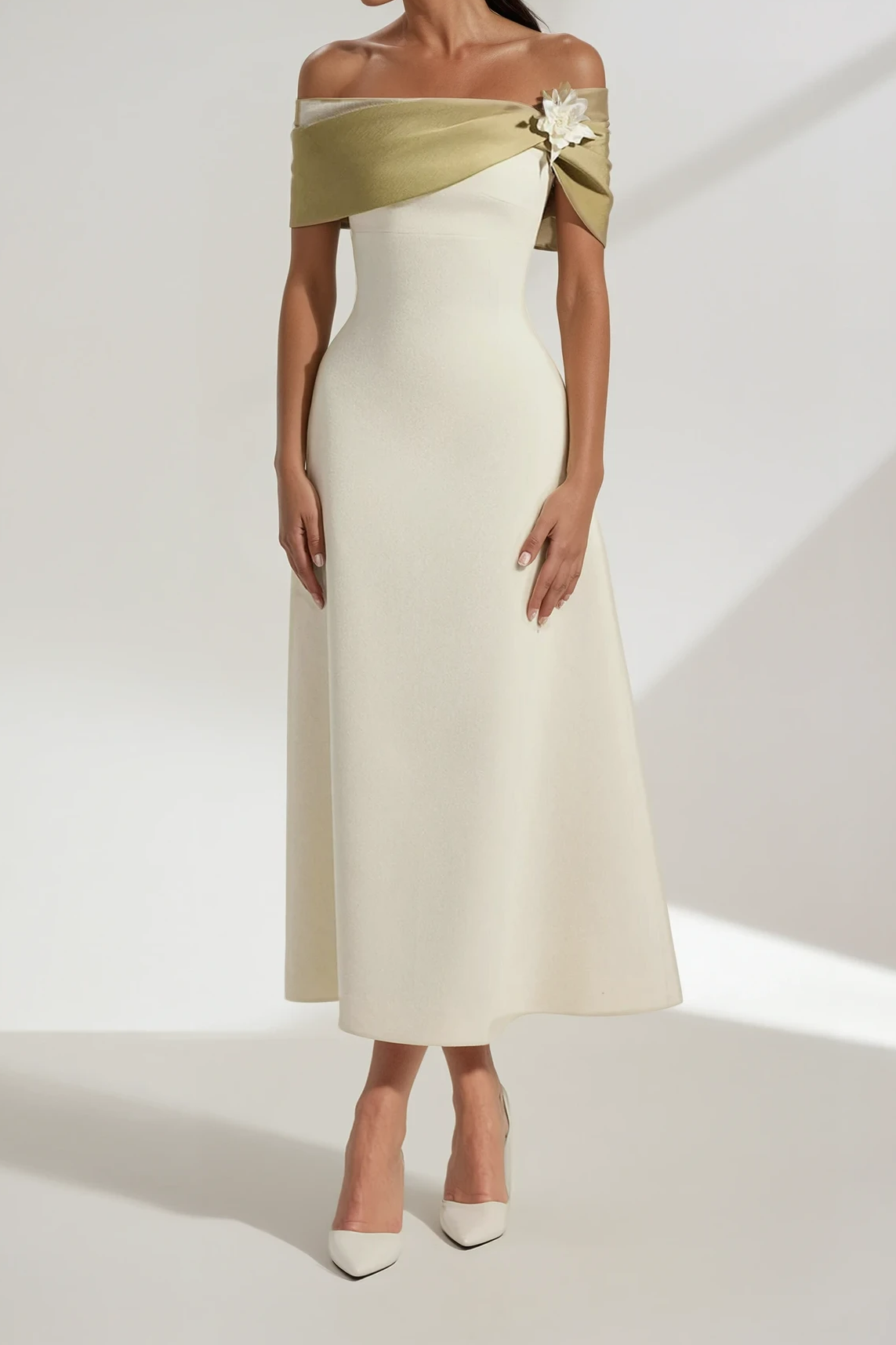 Cicek Floral Appliqué Off Shoulder Midi Dress