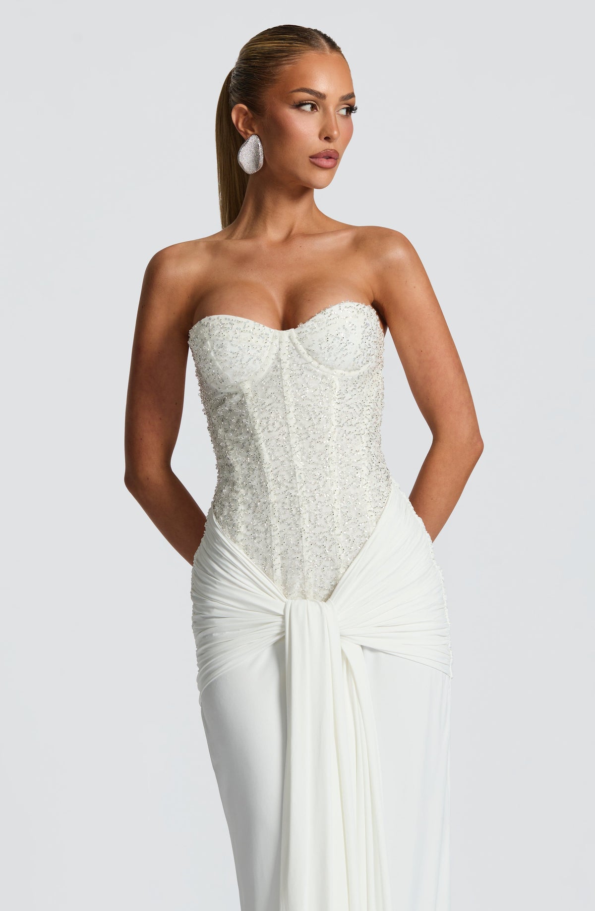 Albie Sequin Strapless Ruched Maxi Dress - White