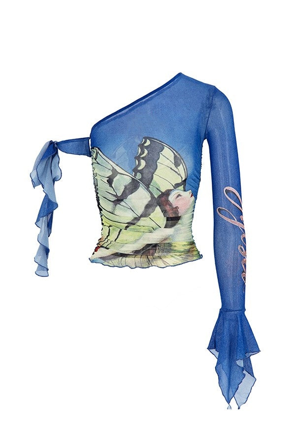 Cilla Asymmetric Printed Mesh Top - Blue