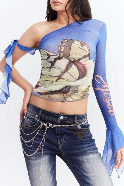 Cilla Asymmetric Printed Mesh Top - Blue