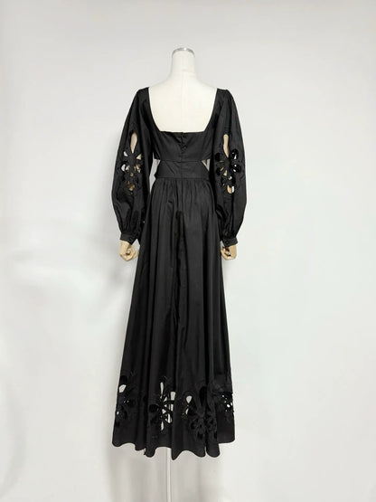Black Floral Cut-Out Tiered Ruffle Maxi Dress Premium Fabric - product view 11