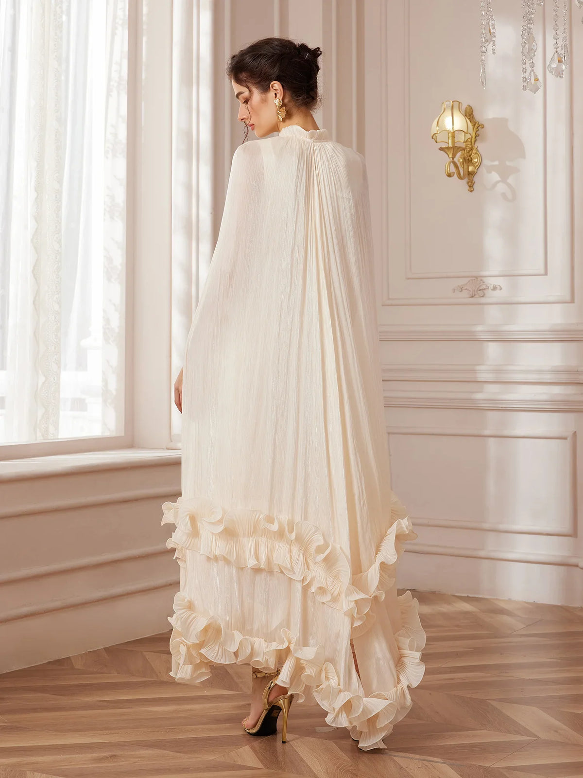 White Cape-Sleeve Ruffle Midi Dress