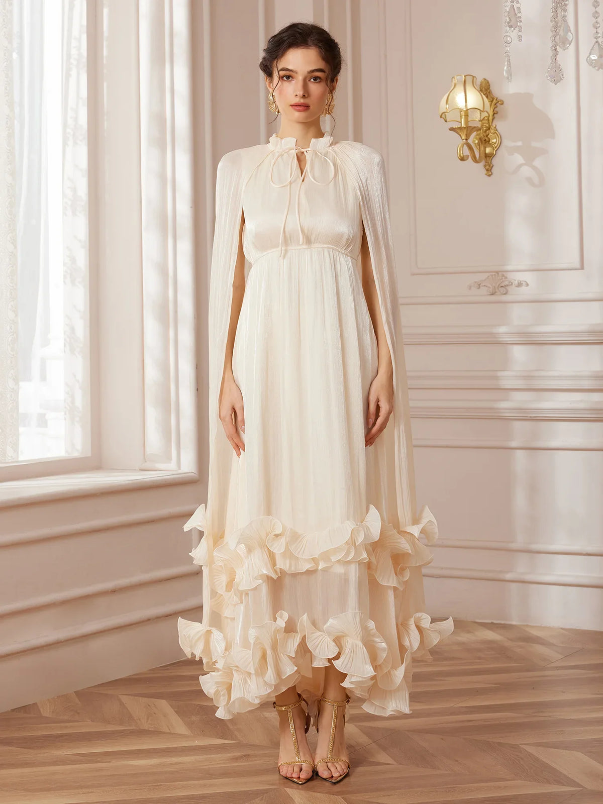 White Cape-Sleeve Ruffle Midi Dress