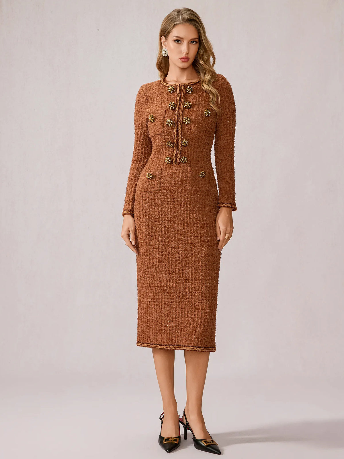 Cinnamon Round Neck Elegant Office Midi Dress