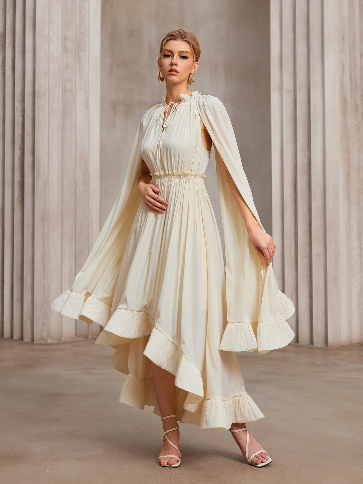 Cloak-Sweep Daring V-Cascade Gala Midi Dress