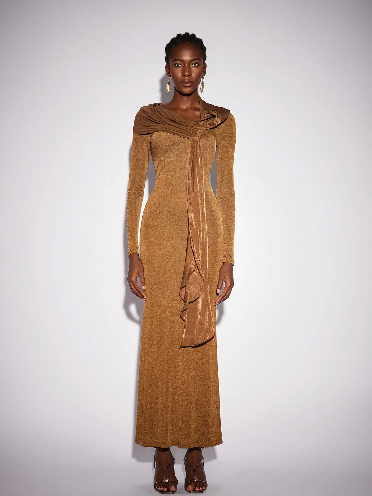 Fitted Shawl Draped Pleated Maxi Dress