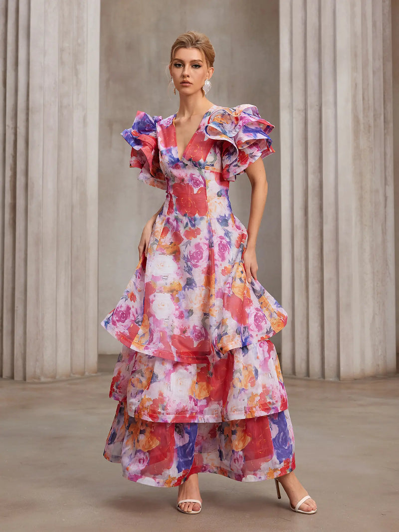 Hand-Printed Flutter-Sleeve Maxi Dress