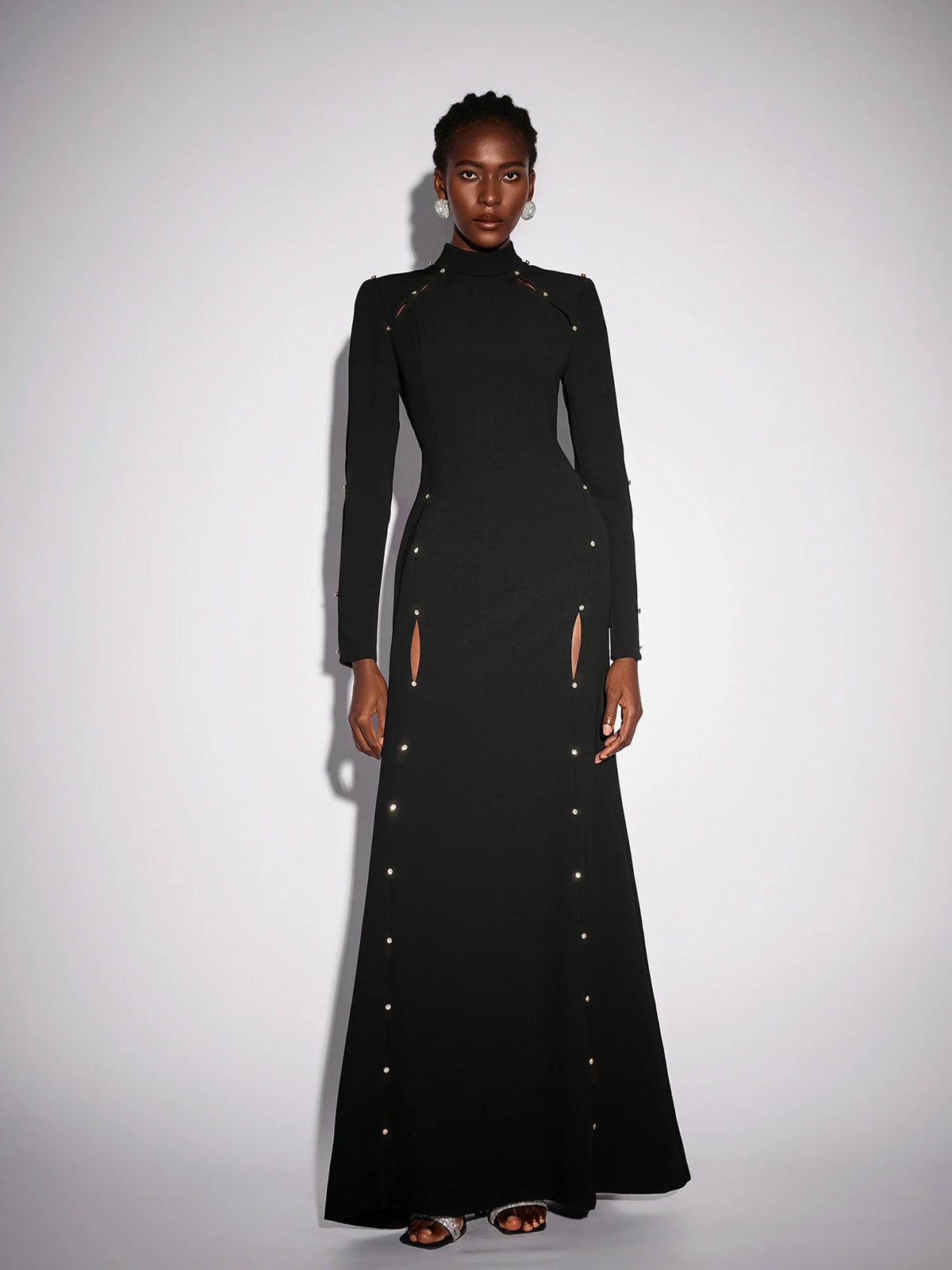 Black Long Sleeve Beaded Maxi Dress
