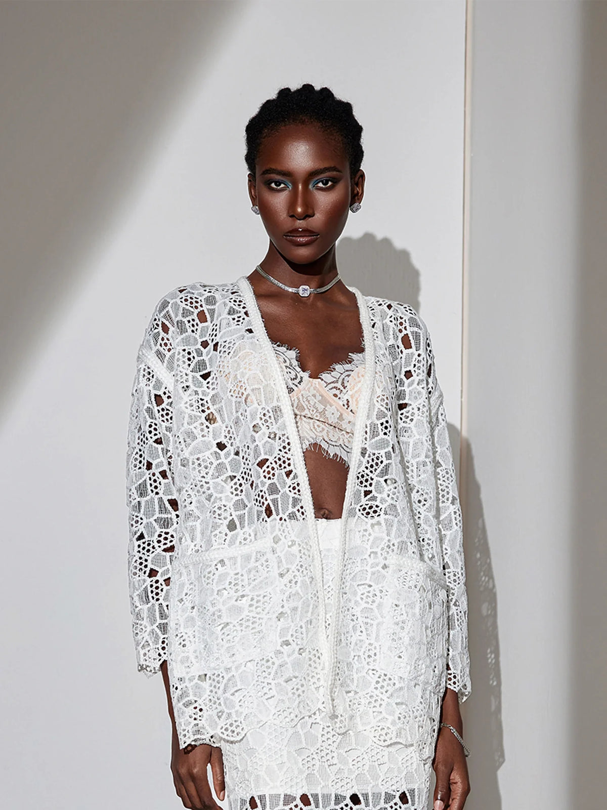 White Mesh V-Neck Cut-Out Jacket