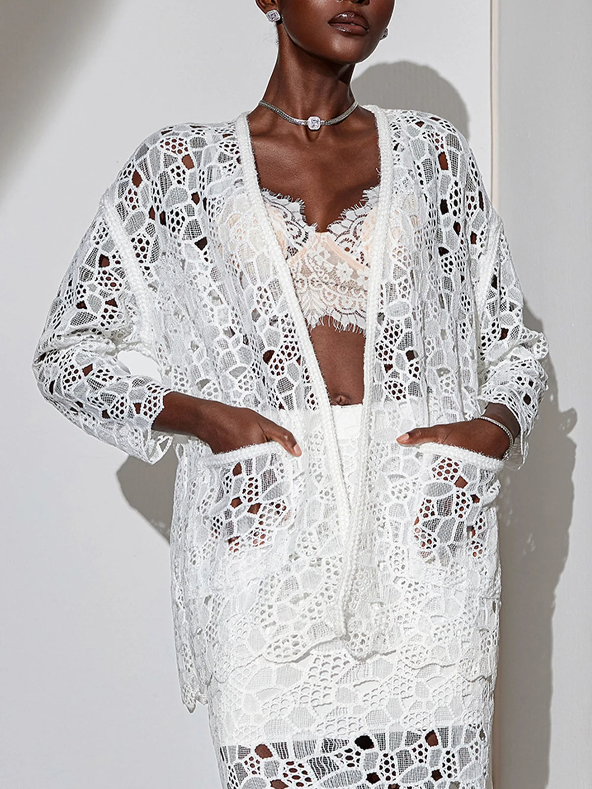 White Mesh V-Neck Cut-Out Jacket