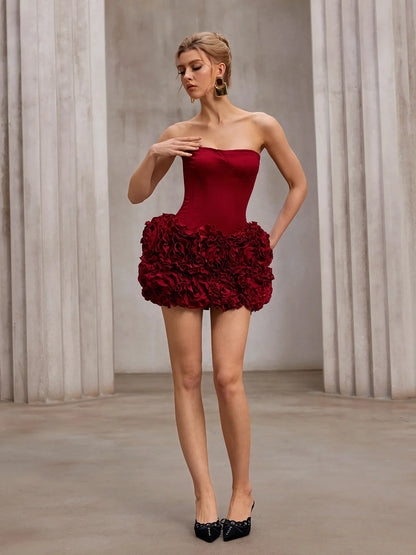 Red fluffy strapless mini dress