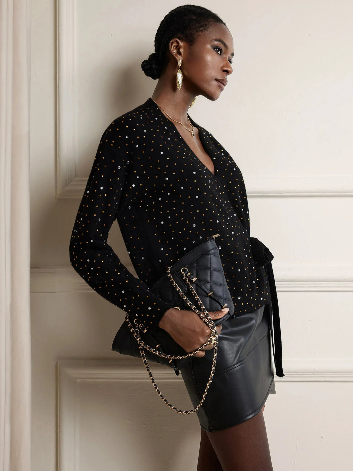 Rhinestone V-Neck Tie-Up Top