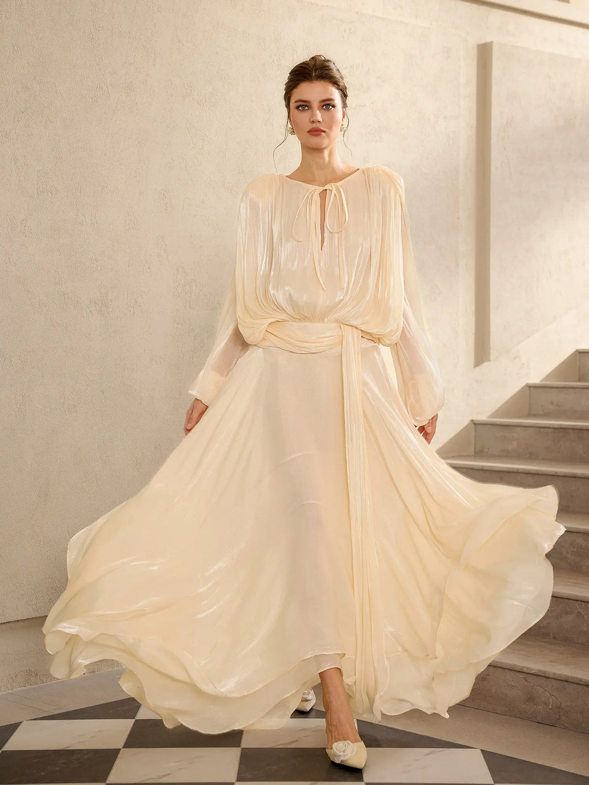 Champagne satin vacation maxi dress