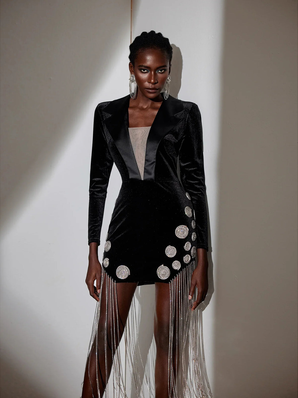 V-Neck Fringe Blazer Collar Mini Dress