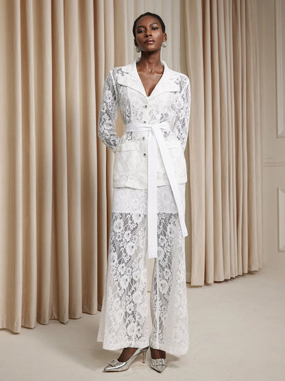 White Floral Sheer Lace-Up Two-Piece Set