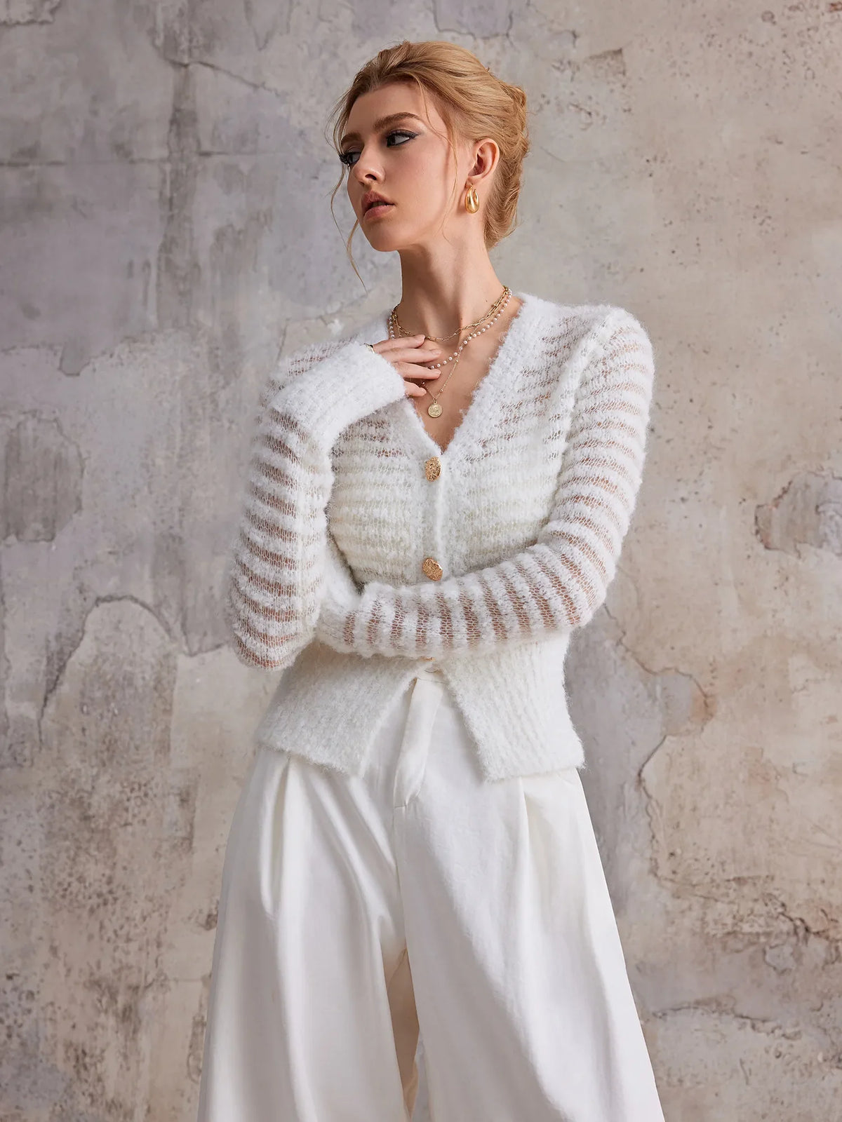 White V-Neck Sheer Commuting Sweater